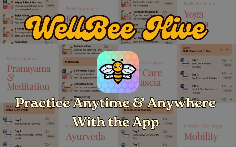 WellBee Hive app promotional image featuring yoga and meditation practices, with the app icon and text 'Practice Anytime & Anywhere With the App'.