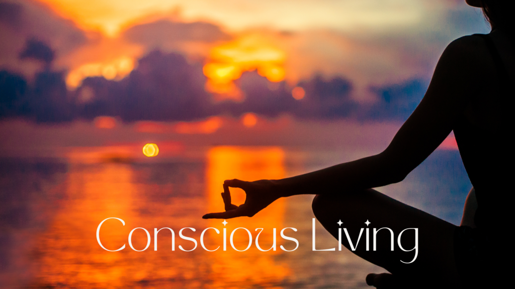 Silhouette of a person meditating by the sea at sunset, symbolizing peace and awareness in conscious living.